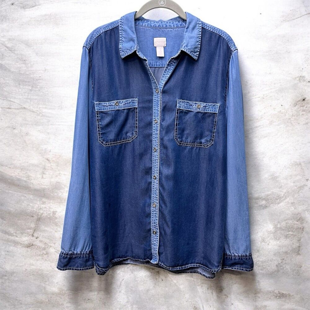 Chico's Denim Tunic Top 3|XL Chambray Blue Colorblock Button Up Roll Tab Sleeve